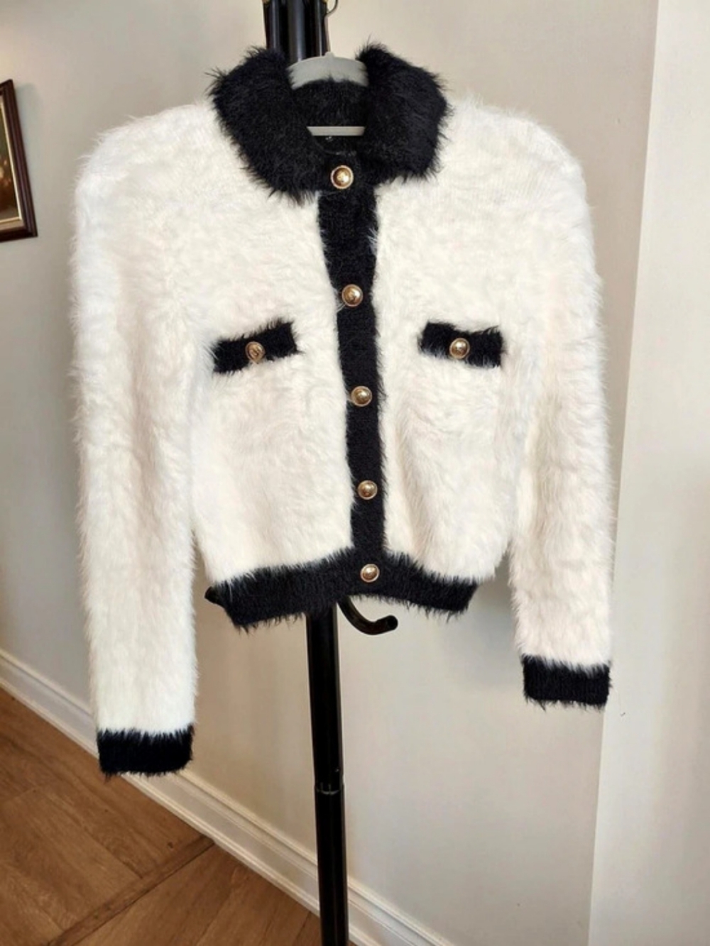 NWT Maje Fluffy Knit Cardigan in White & Black